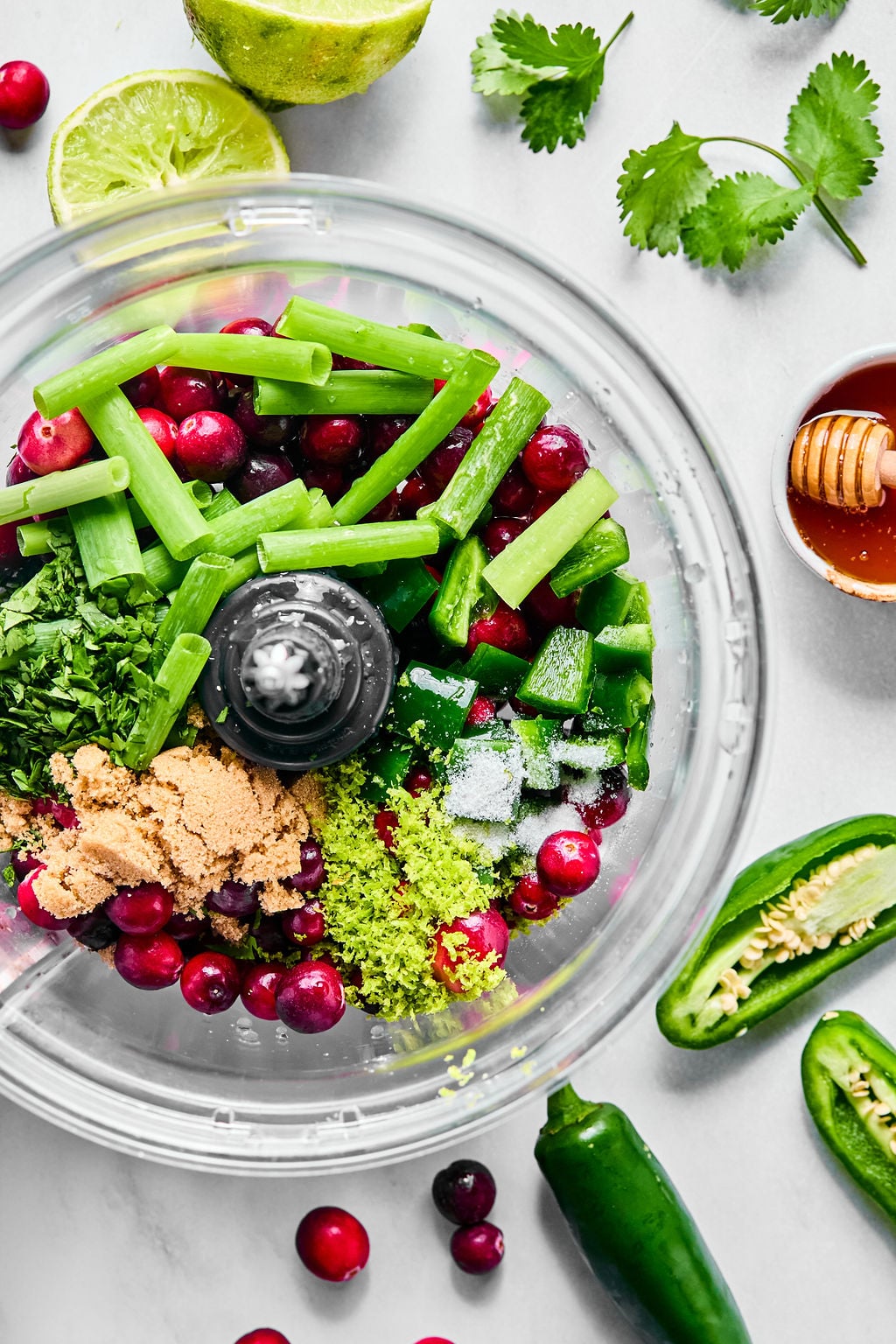 A food processor bowl filled with cranberries, celery, jalapeños, brown sugar, fresh cilantro, lime zest, and salt, surrounded by lime, honey, jalapeño, and cilantro on a white surface.