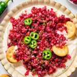 A cream cheese dip topped with finely chopped cranberry salsa and garnished with sliced jalapeños.