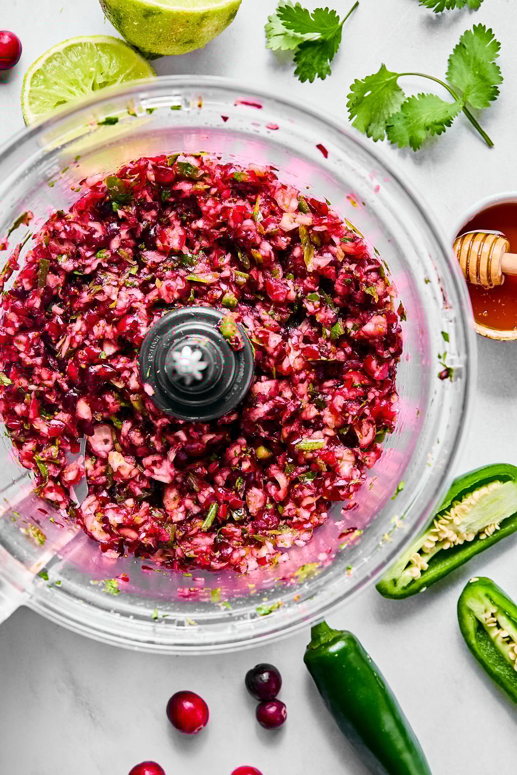 Food processor containing chopped cranberry salsa, surrounded by fresh ingredients including cranberries, jalapeños, cilantro, lime, and a small dish of honey on a white surface.