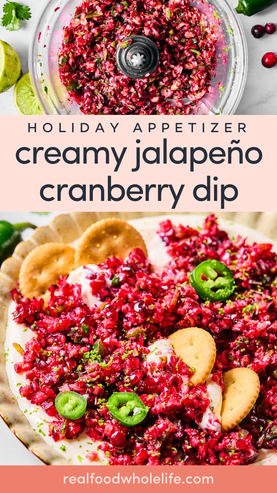 A food processor with cranberry dip and a plate of the dip topped with jalapeño slices, served with crackers.
