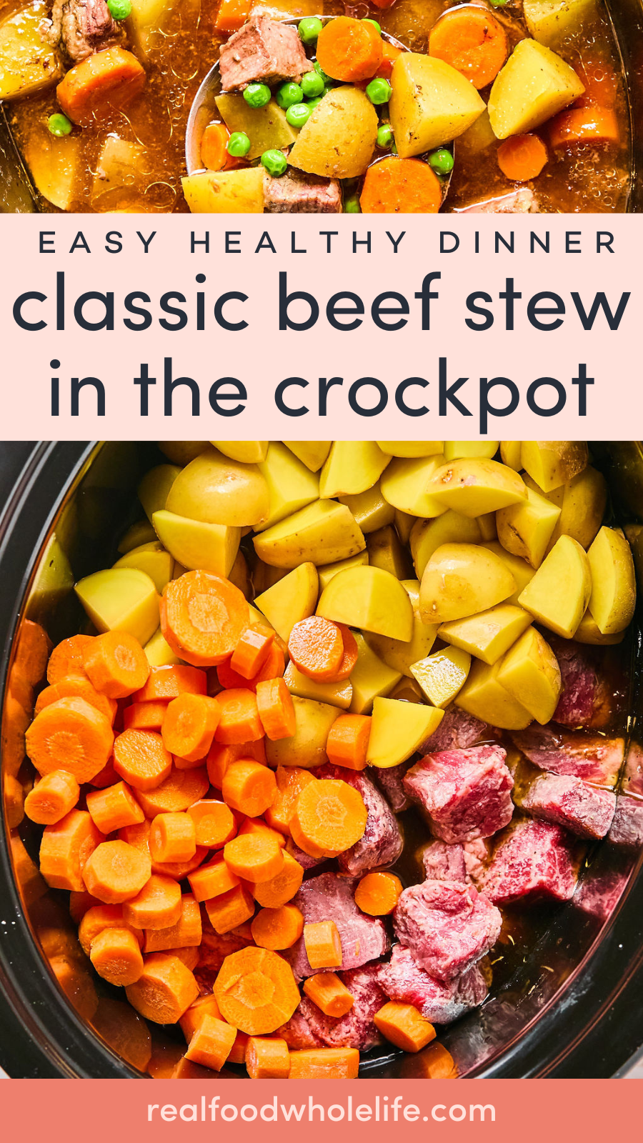 Overhead view of a crockpot with uncooked beef, potatoes, carrots, and peas, and a cooked beef stew.