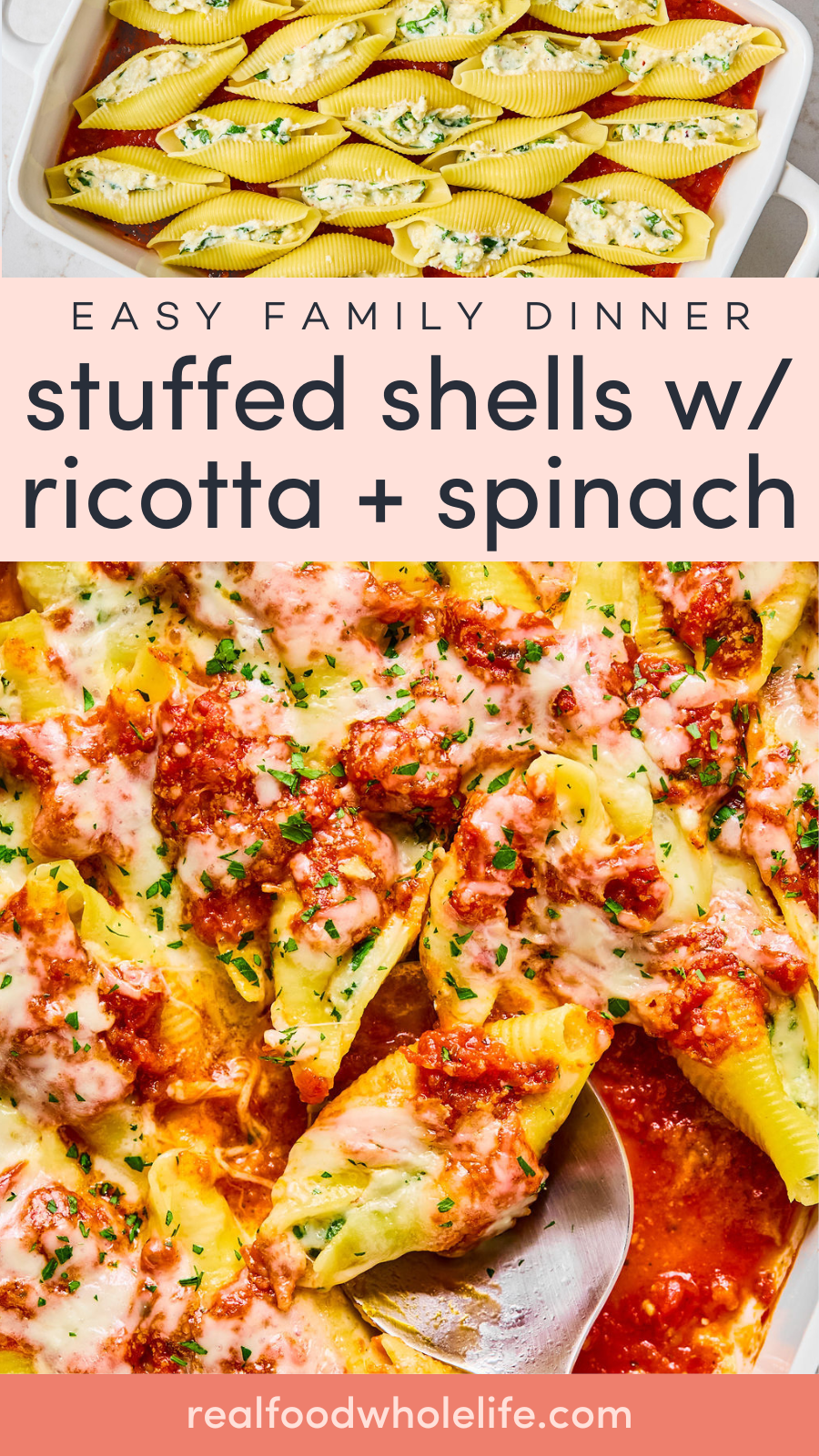 Baked pasta shells stuffed with ricotta and spinach, topped with tomato sauce and melted cheese, served in a baking dish.