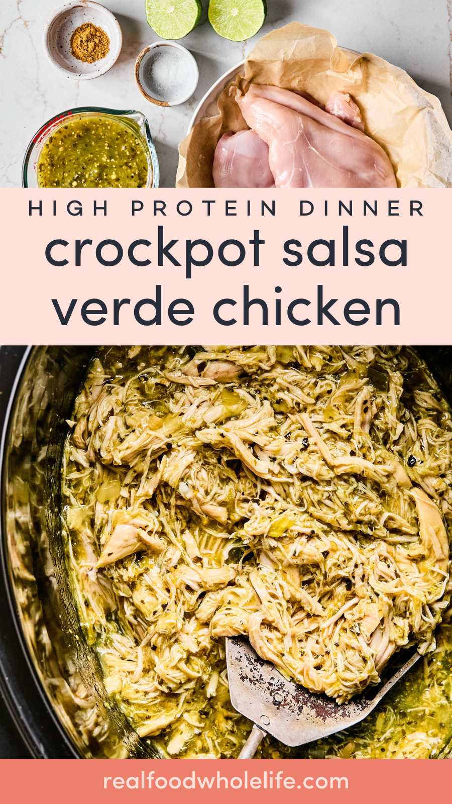 Overhead view of raw chicken, salsa ingredients, and shredded salsa verde chicken in a crockpot.