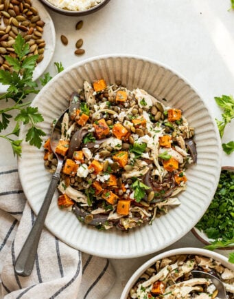 A bowl of salad with shredded chicken, roasted sweet potatoes, feta cheese, pumpkin seeds, parsley, and orzo, with ingredients and a striped napkin nearby.