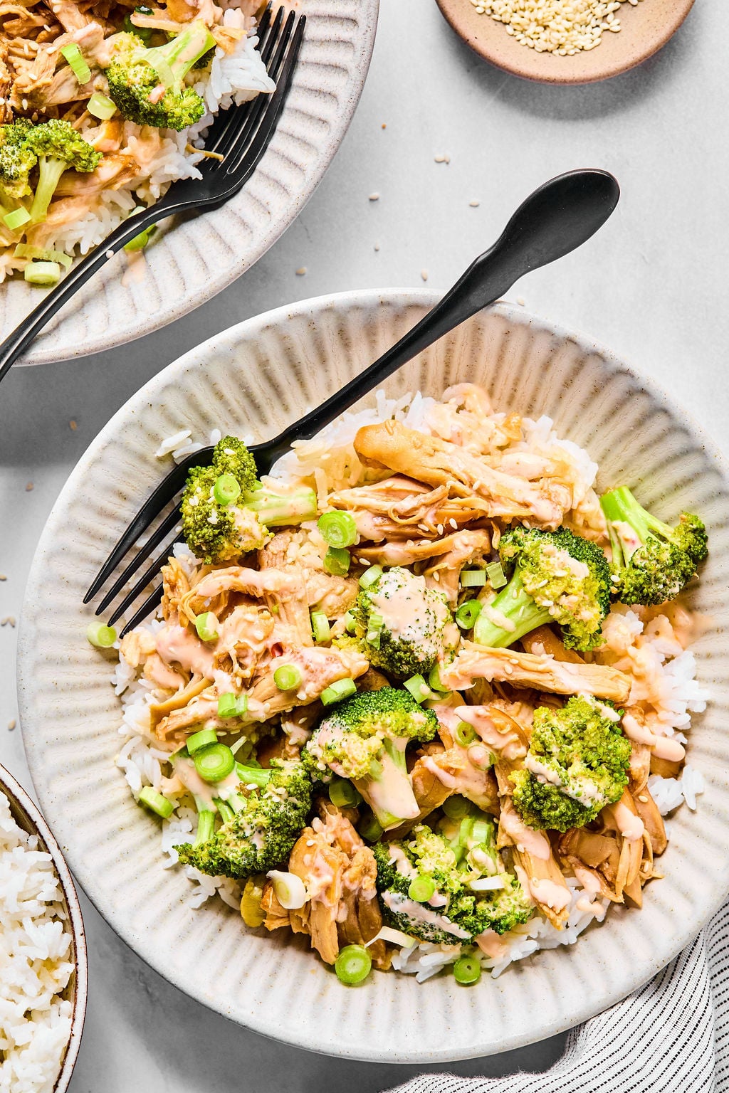 A plate of white rice topped with shredded chicken, broccoli florets, chopped green onions, and a light sauce, with a black fork on the side.