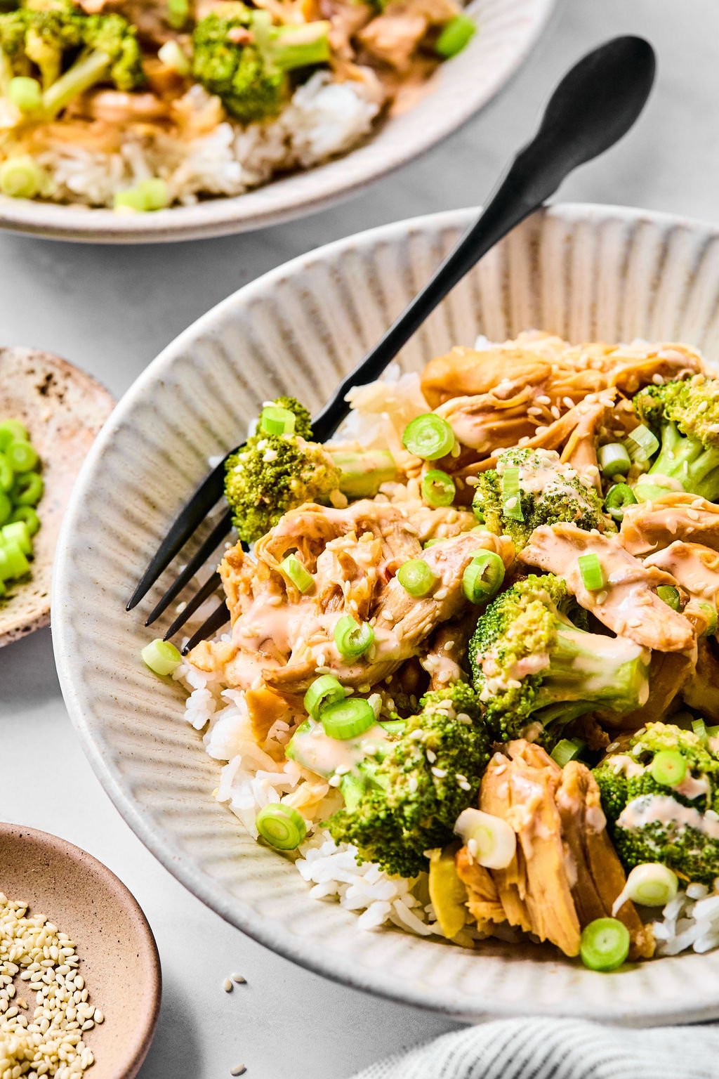 A bowl of white rice topped with shredded chicken, broccoli, sauce, and sliced green onions, with a black fork resting in the bowl.