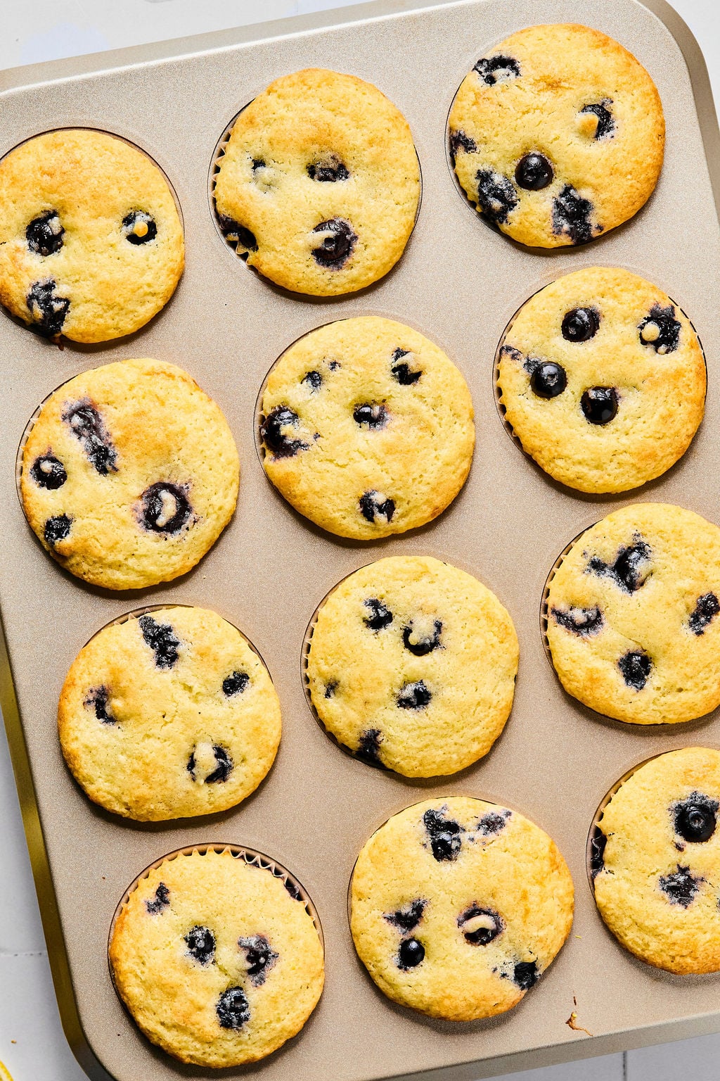 A muffin tin filled with twelve freshly baked blueberry muffins, some with visible blueberries on the surface.