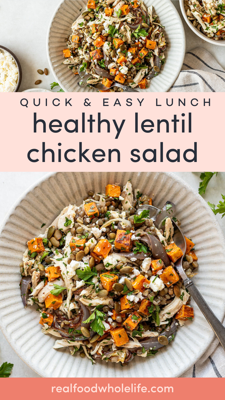 A plate of lentil chicken salad with roasted sweet potatoes, greens, and crumbled cheese, served with a fork on a beige plate.
