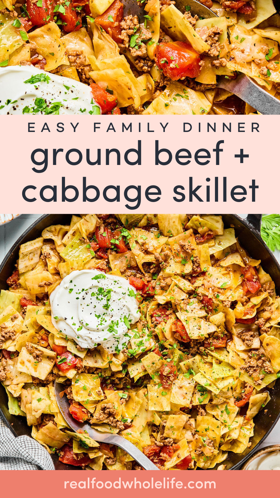 Skillet with cooked ground beef, chopped cabbage, tomatoes, and herbs, topped with a dollop of sour cream and sprinkled with parsley.