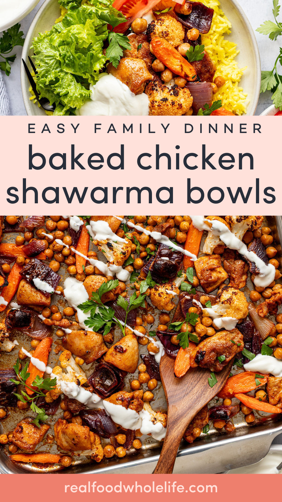 A sheet pan filled with roasted chicken and veggies and a bowl filled with yellow rice, veggies, chicken, lettuce, and white sauce.