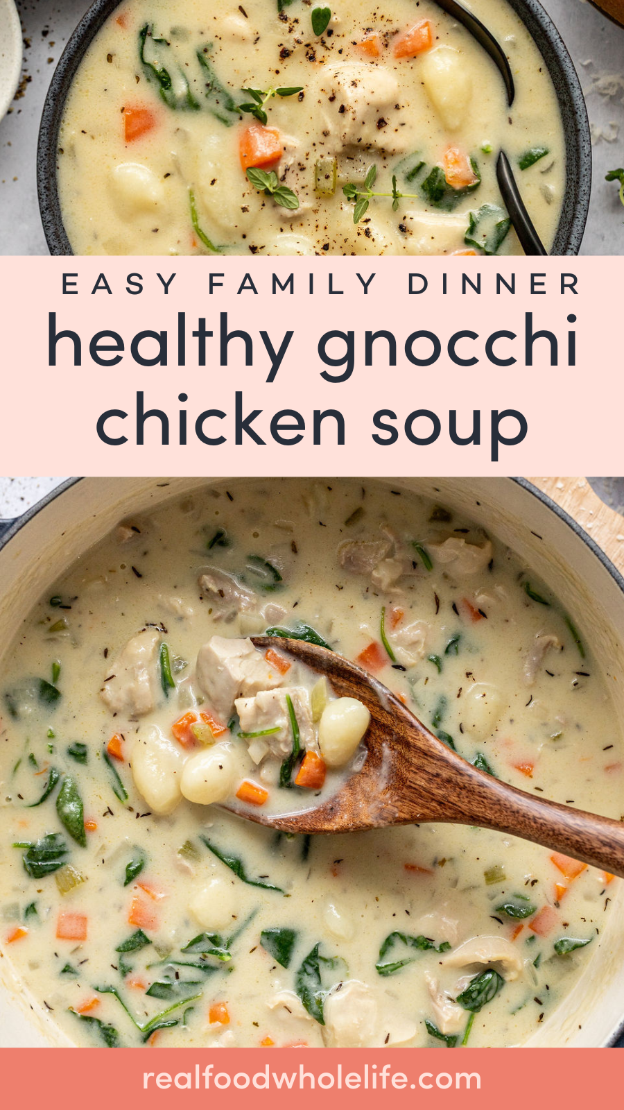 A pot of creamy gnocchi chicken soup with carrots and spinach with a large spoon.