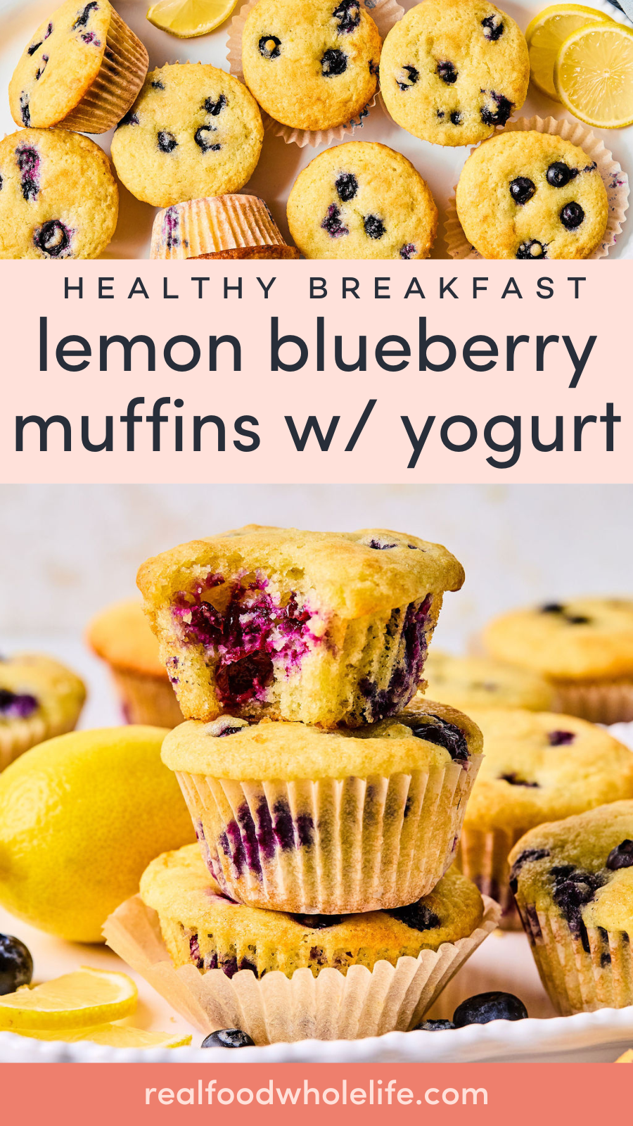 A stack of lemon blueberry muffins with yogurt, some with bites taken out, surrounded by fresh lemons and blueberries on a light surface.
