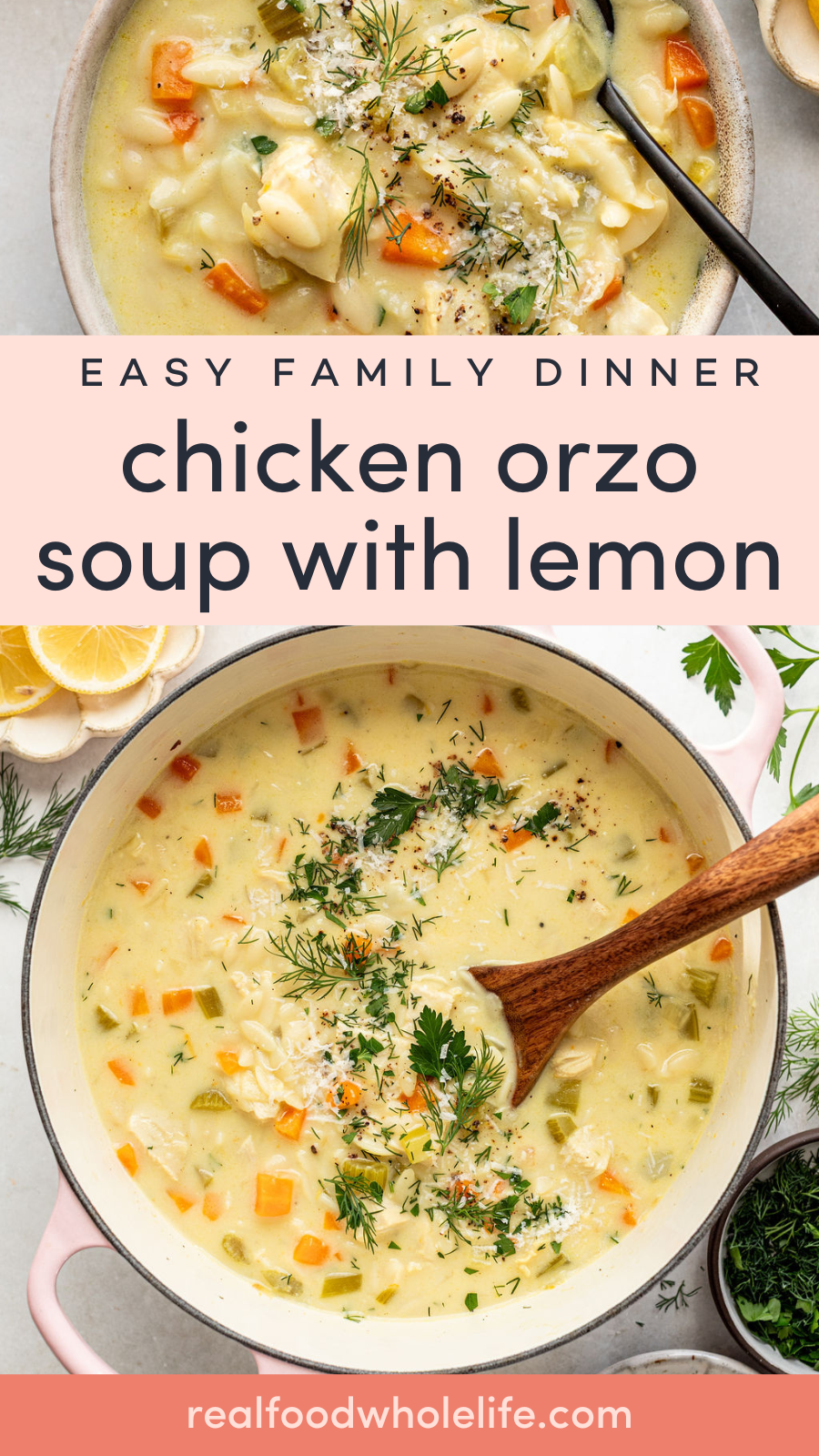 A pot filled with creamy yellow soup with chunks of vegetables and fresh chopped herbs sprinkled on top.