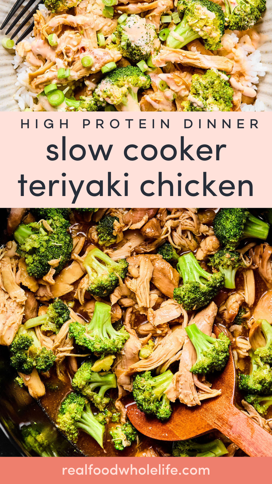 Close-up of shredded chicken and broccoli in a teriyaki sauce, shown in a slow cooker with a wooden spoon and served over rice.