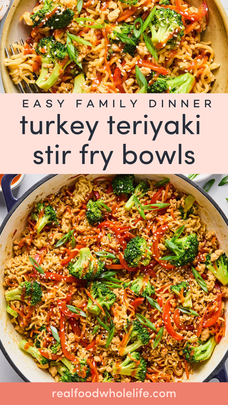 A skillet of turkey teriyaki stir fry with noodles, broccoli, carrots, and sauce.