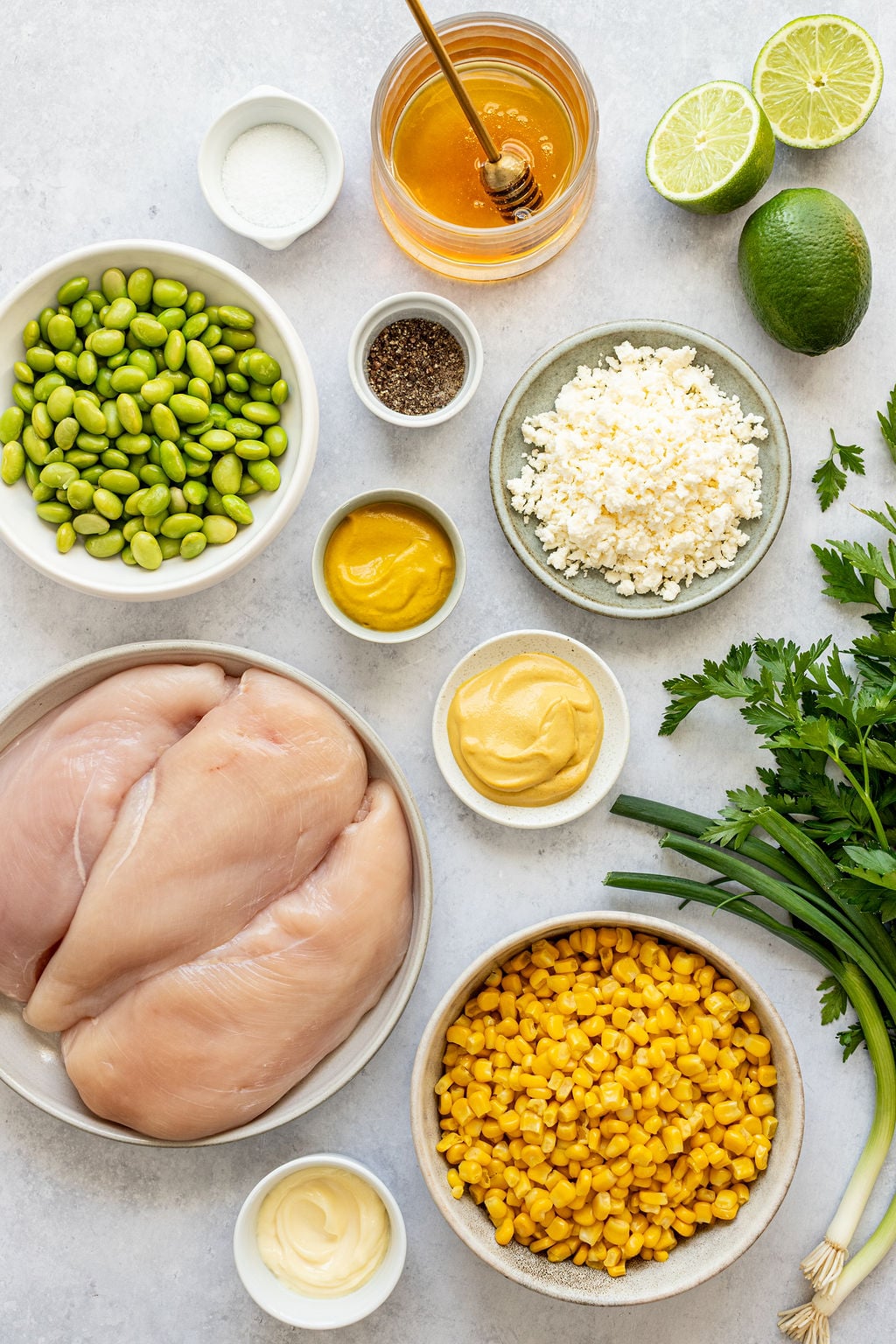 Ingredients displayed on a countertop include raw chicken breasts, corn, edamame, feta cheese, mustard, mayonnaise, honey, lime, green onions, parsley, salt, and pepper.