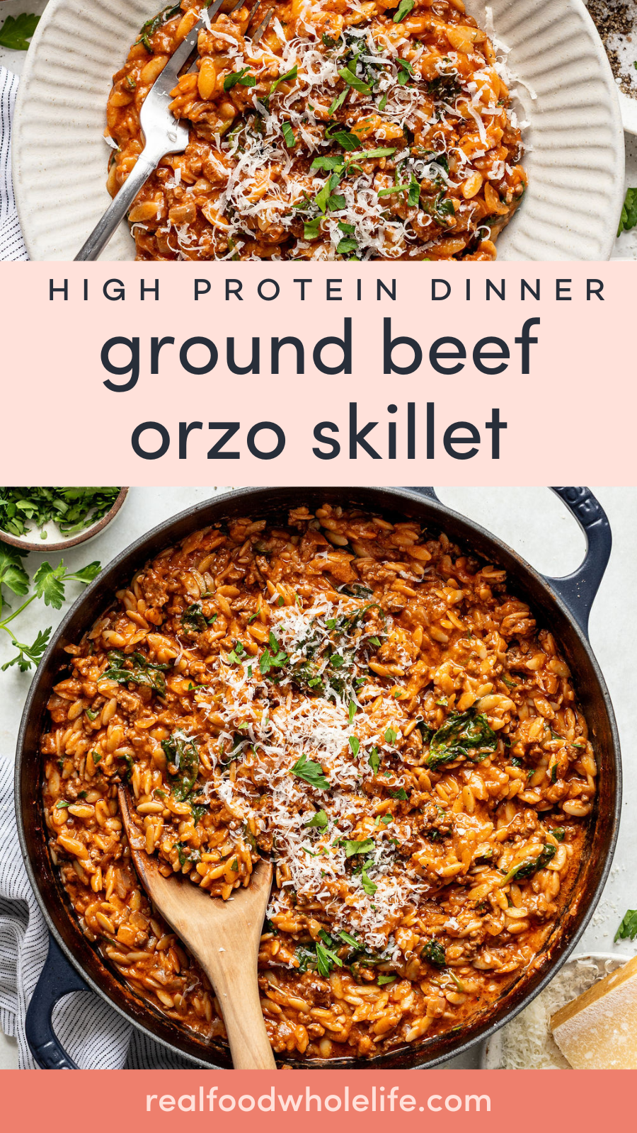 A skillet of ground beef orzo topped with grated cheese and herbs, with a wooden spoon.