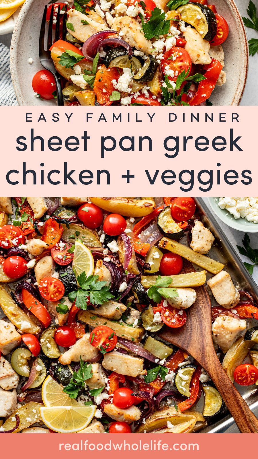 Sheet pan with cooked Greek-style chicken, cherry tomatoes, onions, zucchini, lemon slices, and herbs, topped with crumbled cheese.