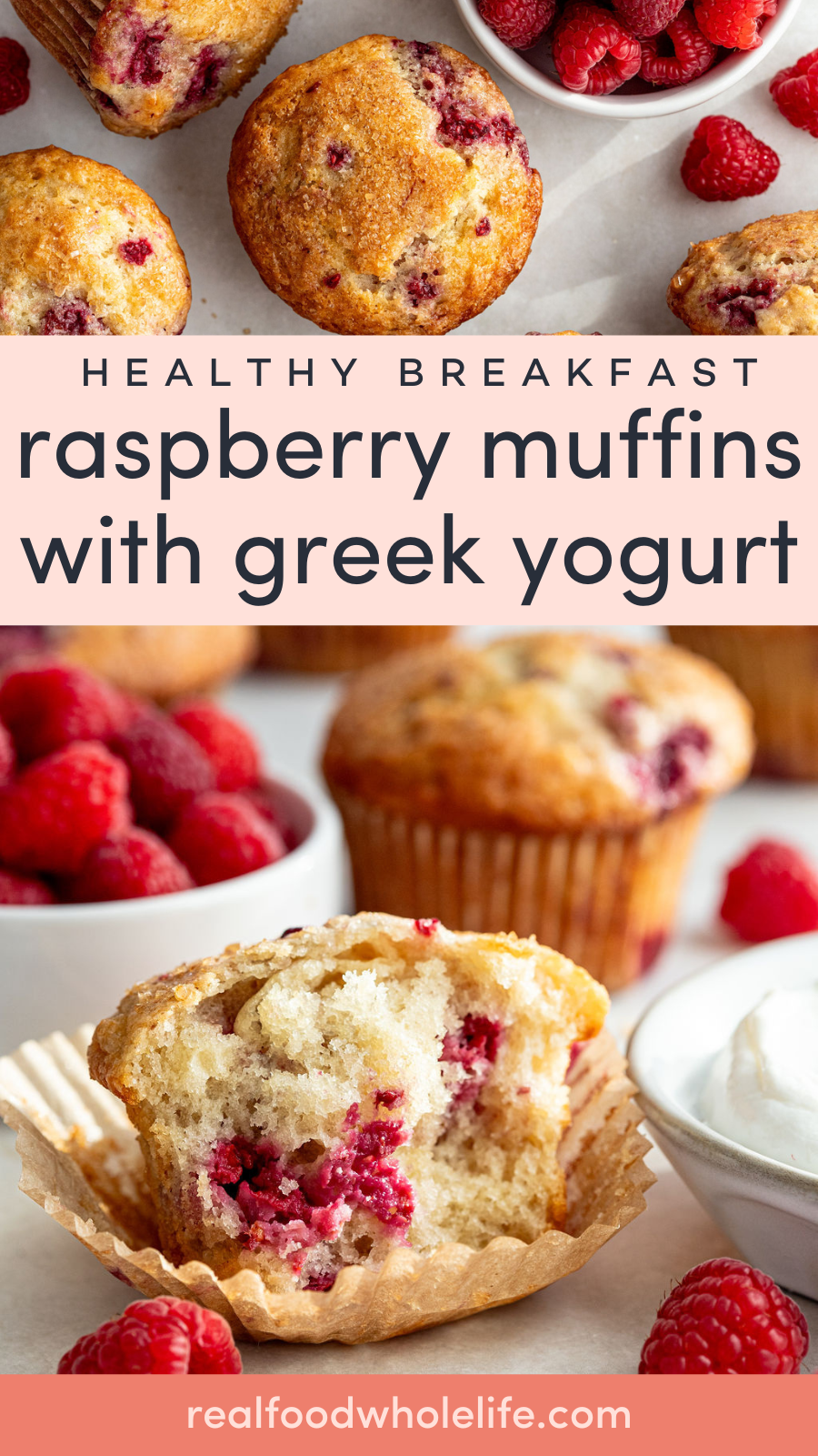 Raspberry muffins with visible raspberry pieces are shown on a table with fresh raspberries and a dish of Greek yogurt.