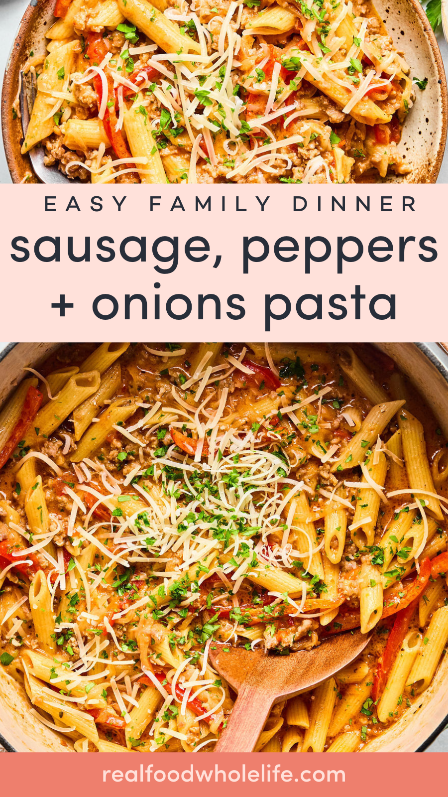 Two pans of penne pasta with sausage, peppers, onions, tomato sauce, and shredded cheese, garnished with chopped herbs.