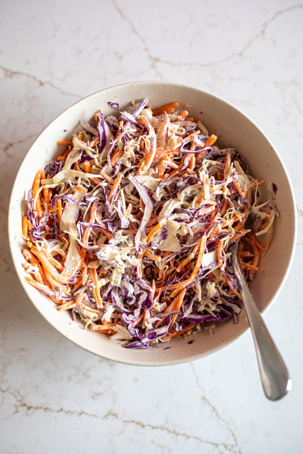 A bowl of coleslaw with shredded red cabbage, green cabbage, carrots, and creamy dressing, with a spoon inside the bowl.