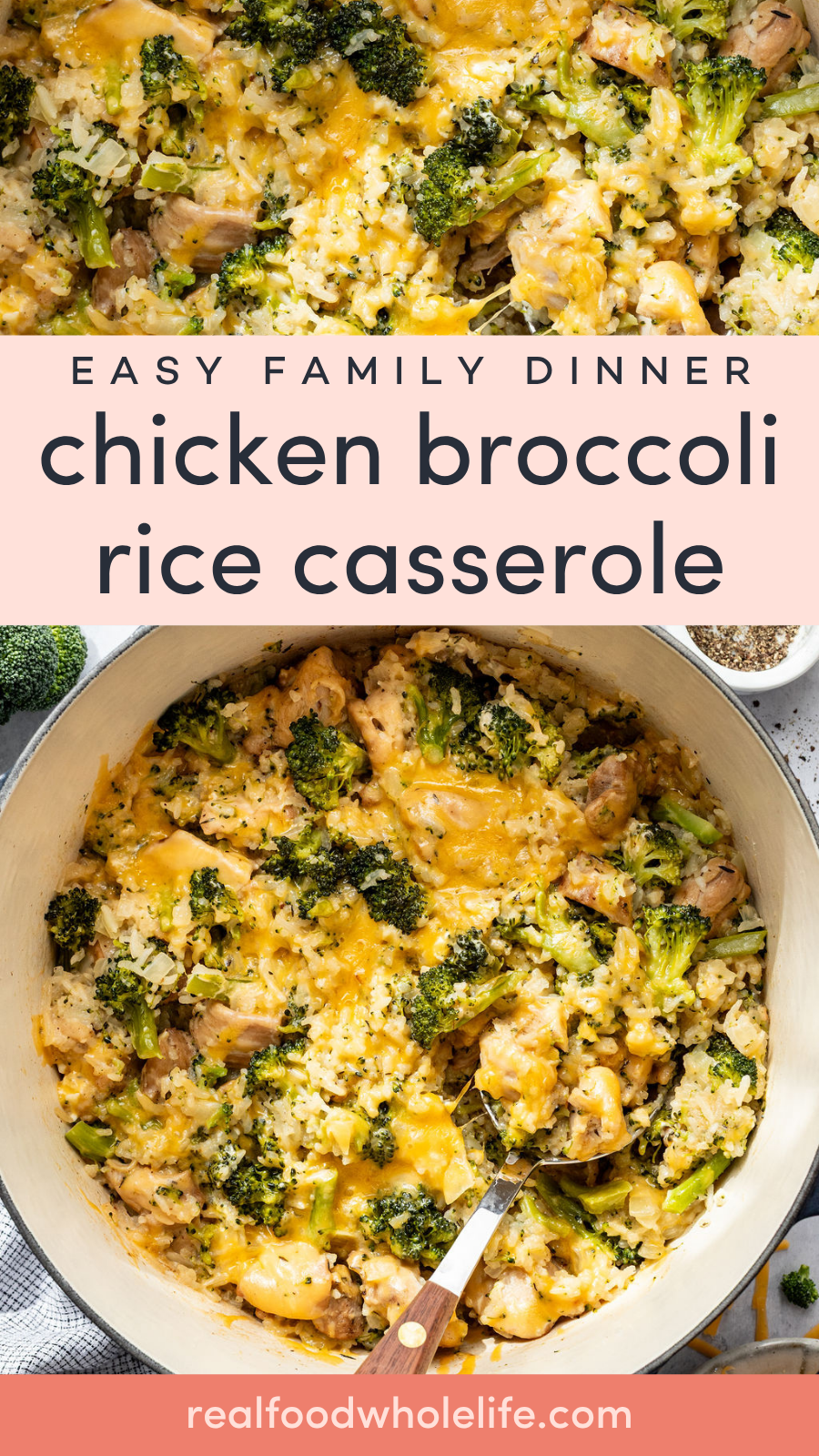 Chicken, broccoli, and rice casserole topped with melted cheese in a large baking dish, labeled as an easy family dinner.