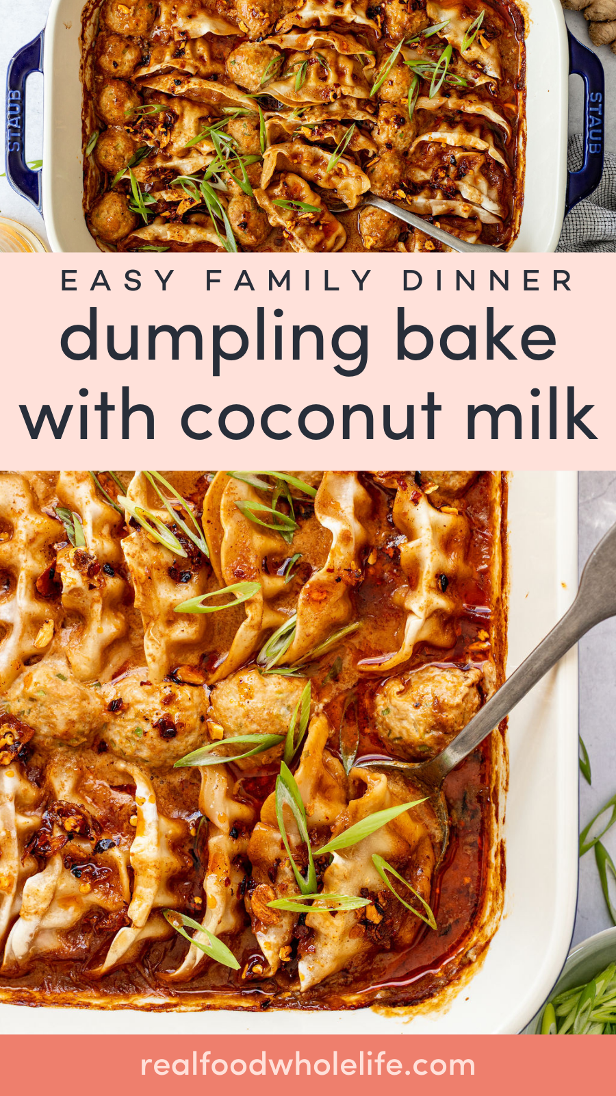 Baked dumplings in a creamy coconut milk sauce, garnished with sliced green onions and served in a white casserole dish.