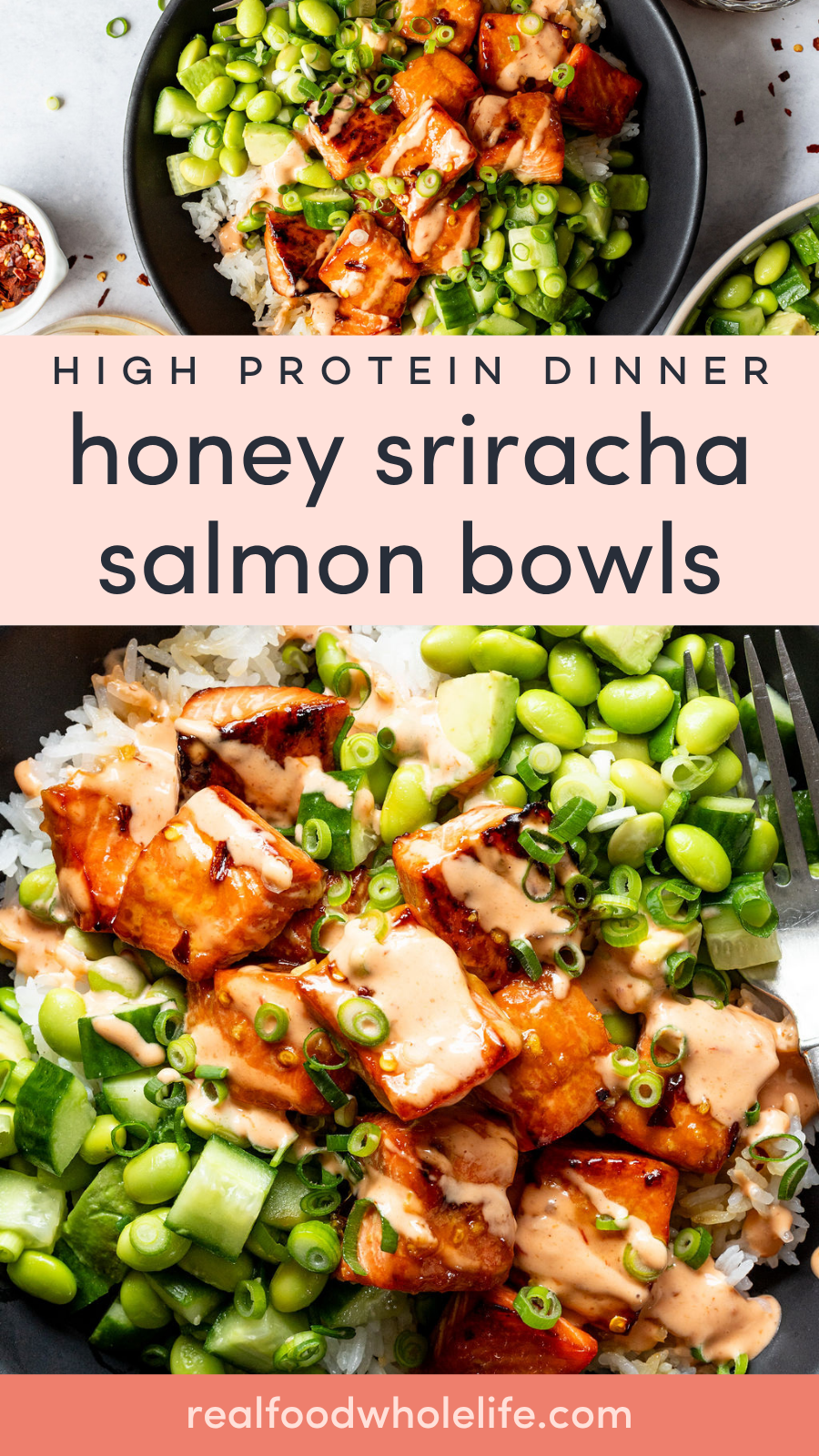 Bowl of honey sriracha salmon on rice, topped with sliced green onions, cucumber, and edamame, with sauce drizzled on top.
