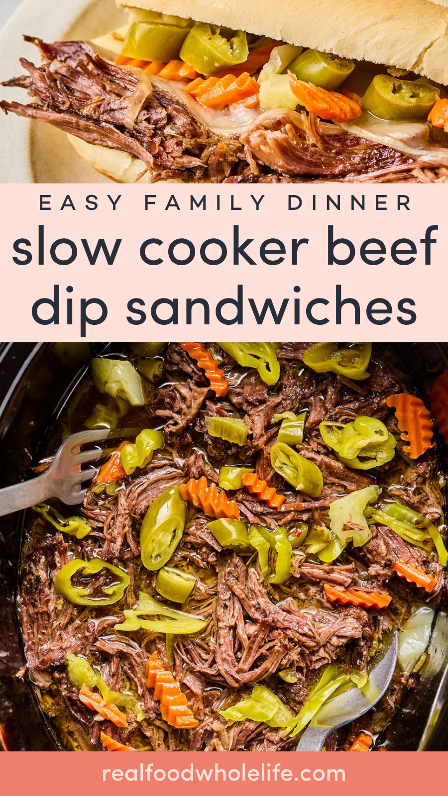 Shredded slow cooker beef with sliced carrots and peppers, served in a sandwich roll, shown in a pot and on a sandwich. Text overlay reads slow cooker beef dip sandwiches.