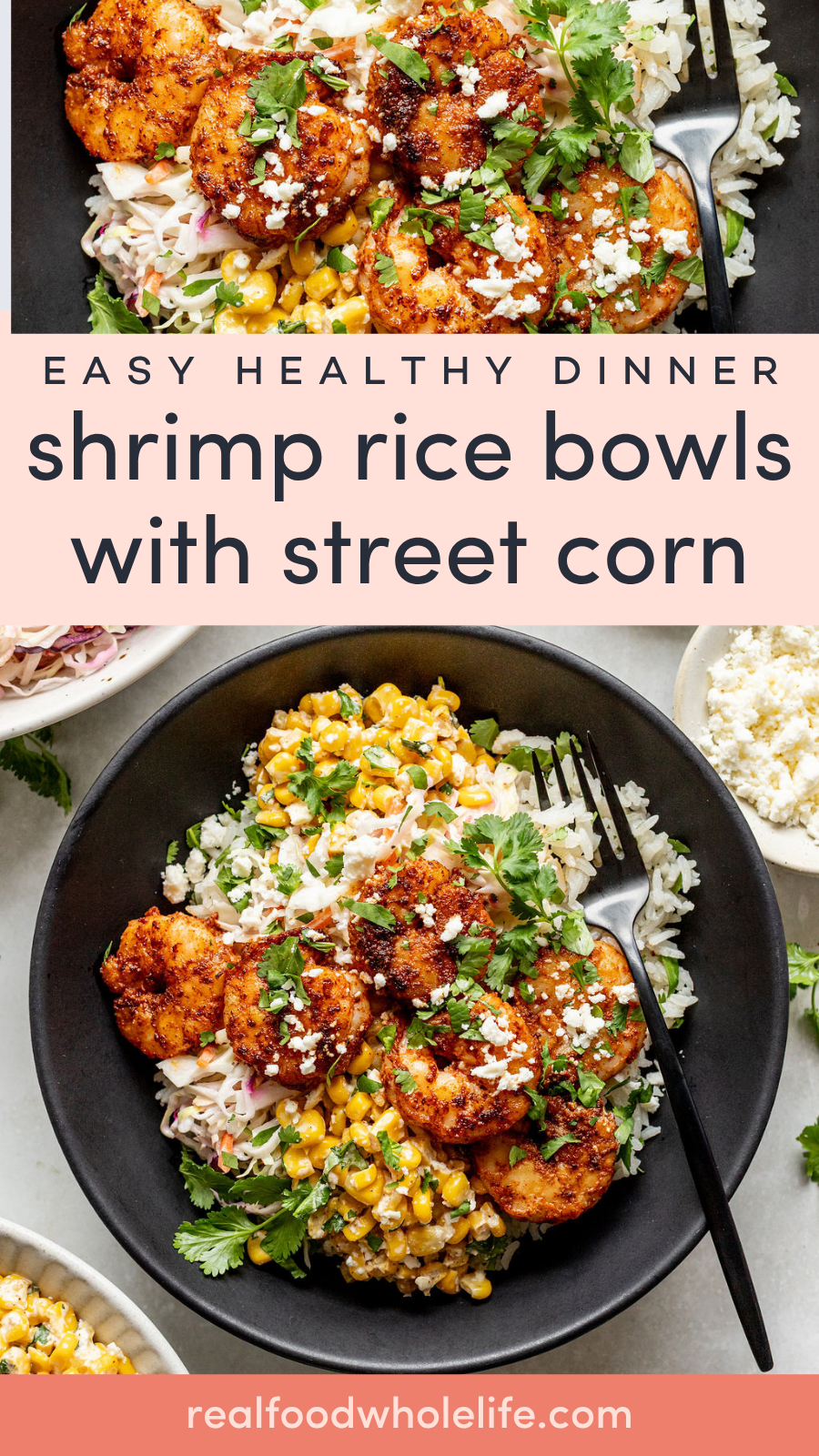 A black bowl filled with seasoned shrimp, rice, street corn, fresh cilantro, and crumbled cheese, placed on a light table with a fork and scattered corn kernels nearby.