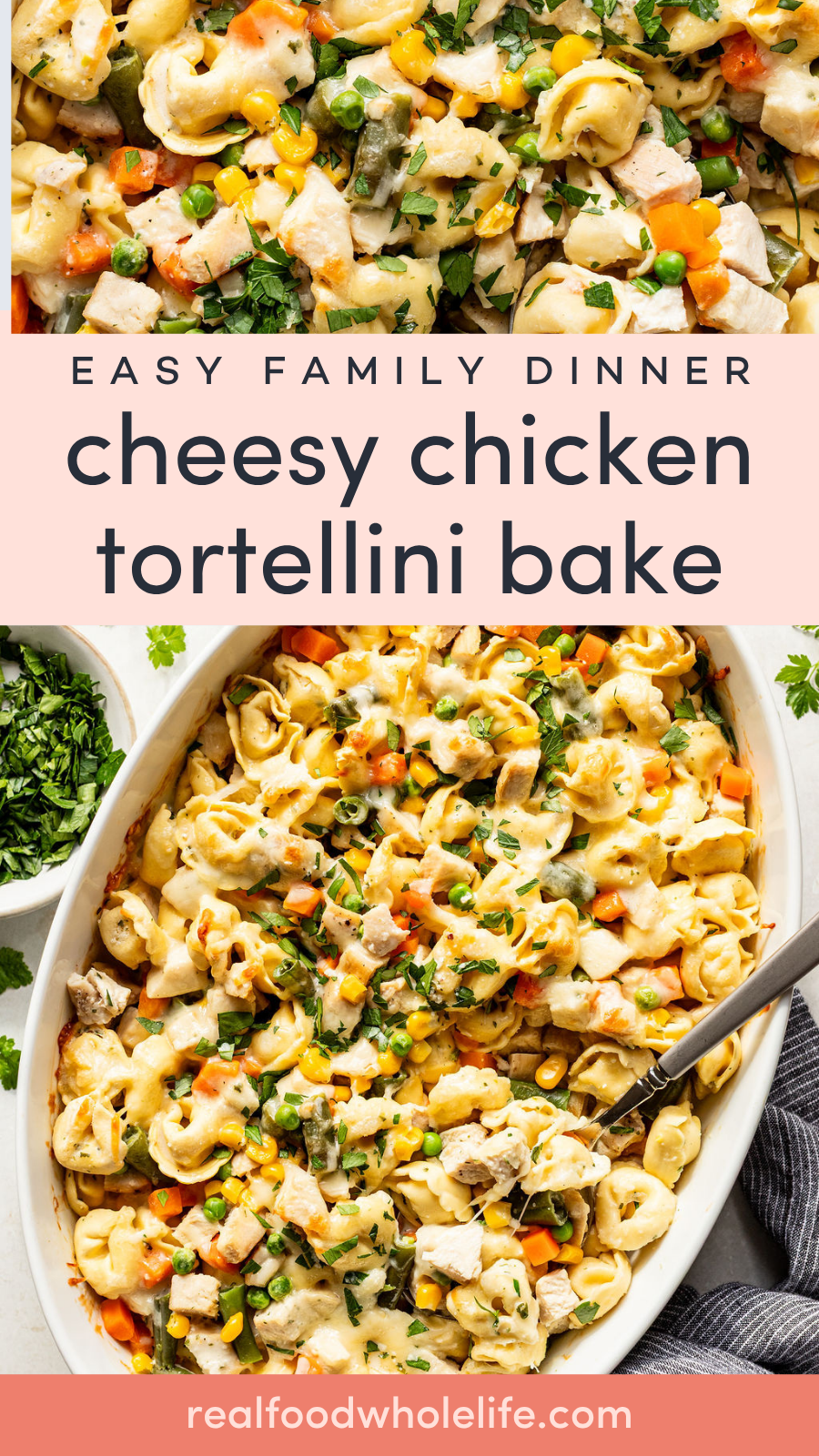 Overhead view of a cheesy chicken tortellini bake in a casserole dish, garnished with chopped parsley, with a serving spoon and a bowl of herbs on the side.