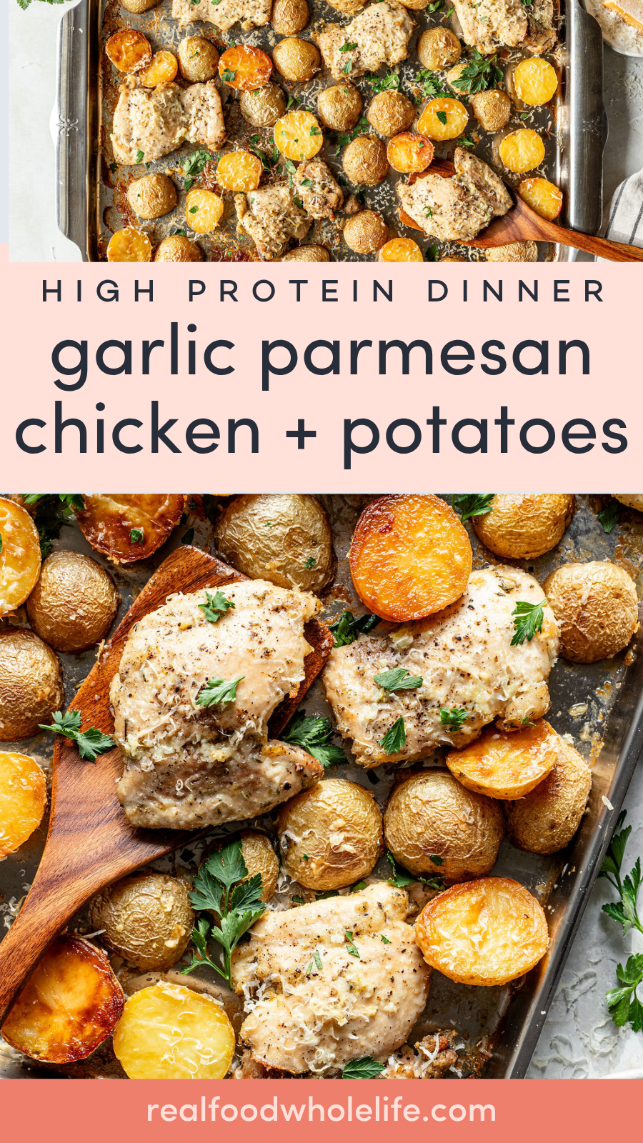 Sheet pan with baked chicken breasts, halved baby potatoes, and garnished with parsley, labeled as garlic parmesan chicken + potatoes.