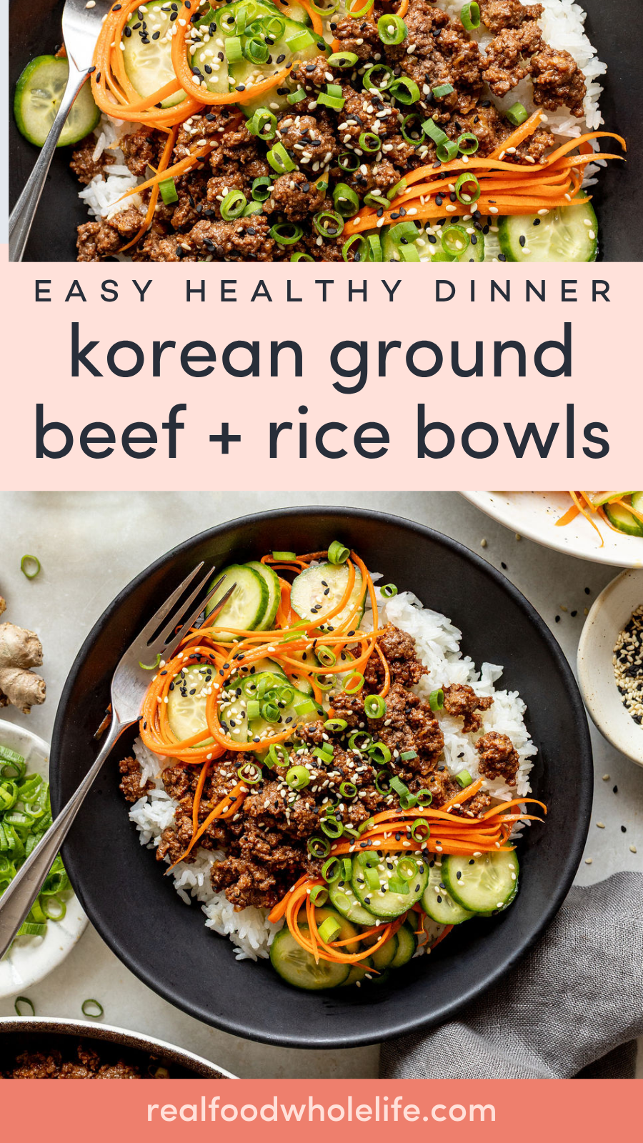 Overhead view of a bowl filled with white rice, ground beef, sliced cucumbers, shredded carrots, and chopped green onions, with chopsticks placed on the side.