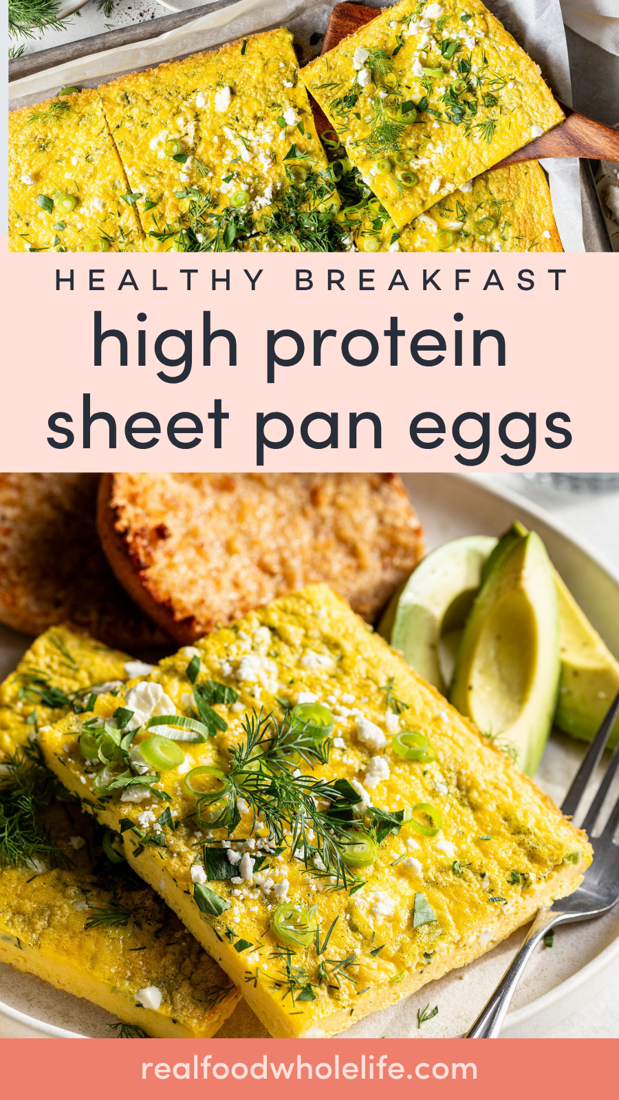 Sheet pan eggs garnished with herbs and feta, served with avocado slices and an English muffin.