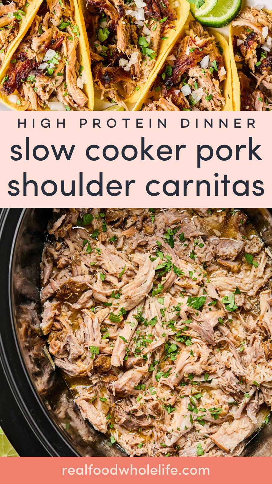 Overhead view of shredded pork carnitas in a slow cooker, and tacos filled with the pork and garnished with herbs and lime.