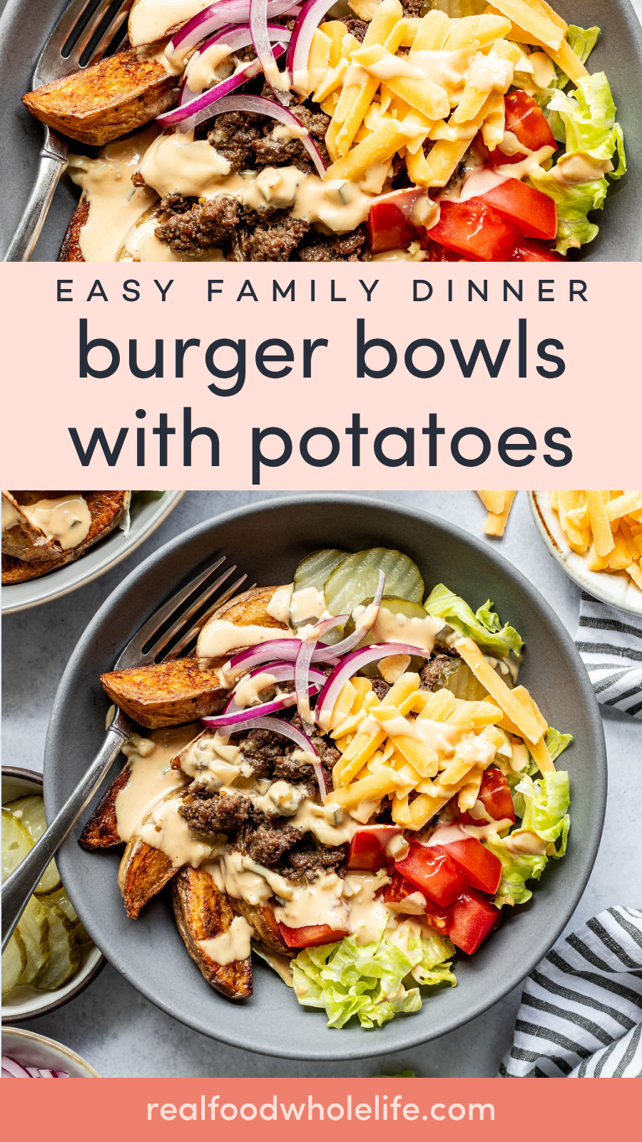 A bowl with potato wedges, lettuce, diced tomatoes, shredded cheese, ground beef, red onion slices, and sauce.