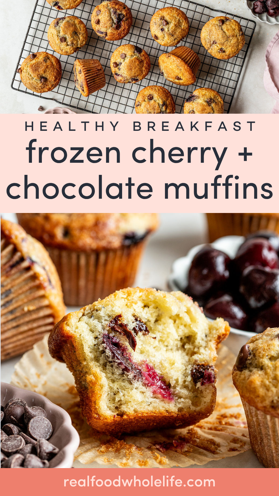 A cooling rack with muffins, a close-up of a half-eaten cherry chocolate muffin, fresh cherries, muffin liners, and chocolate chips.