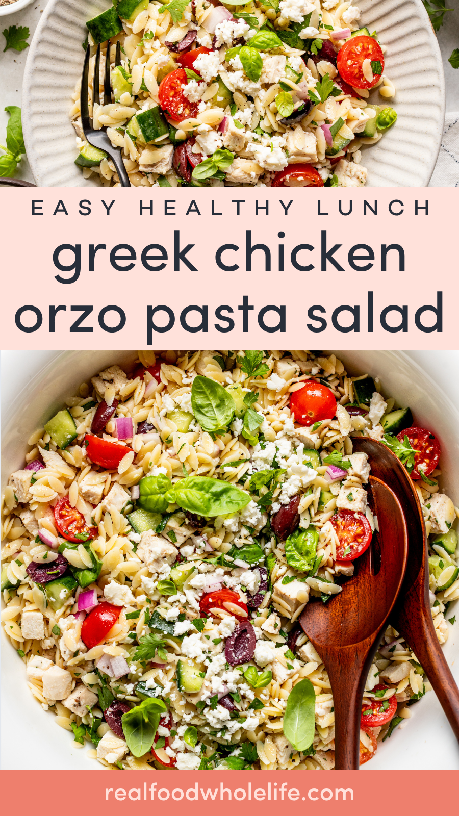 Two bowls of Greek chicken orzo pasta salad with tomatoes, cucumbers, olives, feta, and herbs, served with wooden salad servers. Text overlay describes the dish.