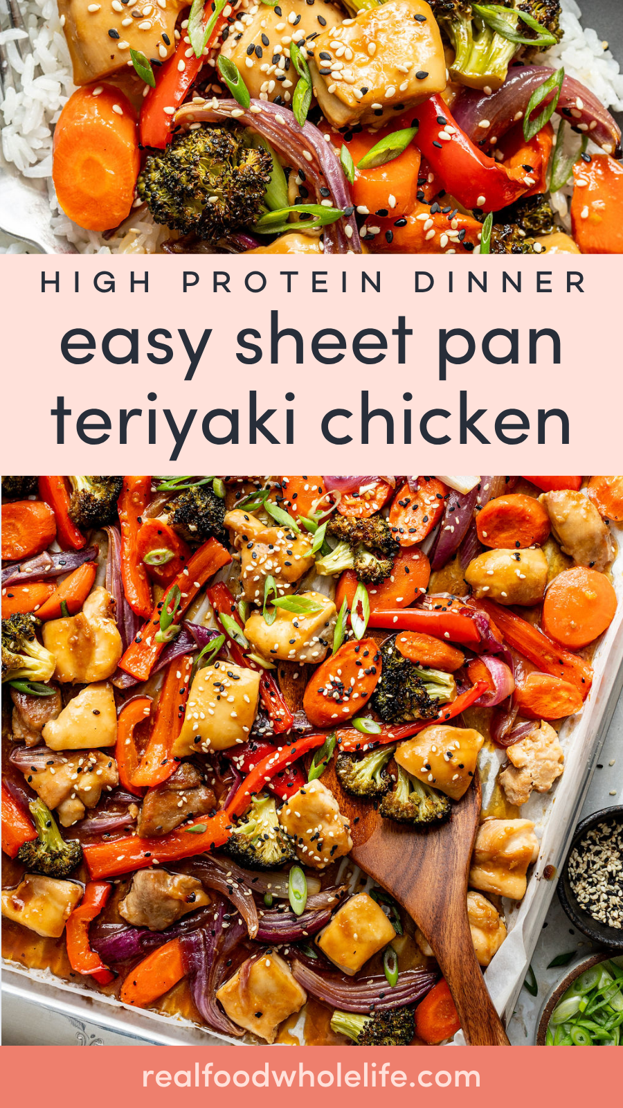 Sheet pan teriyaki chicken with broccoli, red bell pepper, carrots, and red onion on a bed of rice, garnished with sesame seeds and green onions.