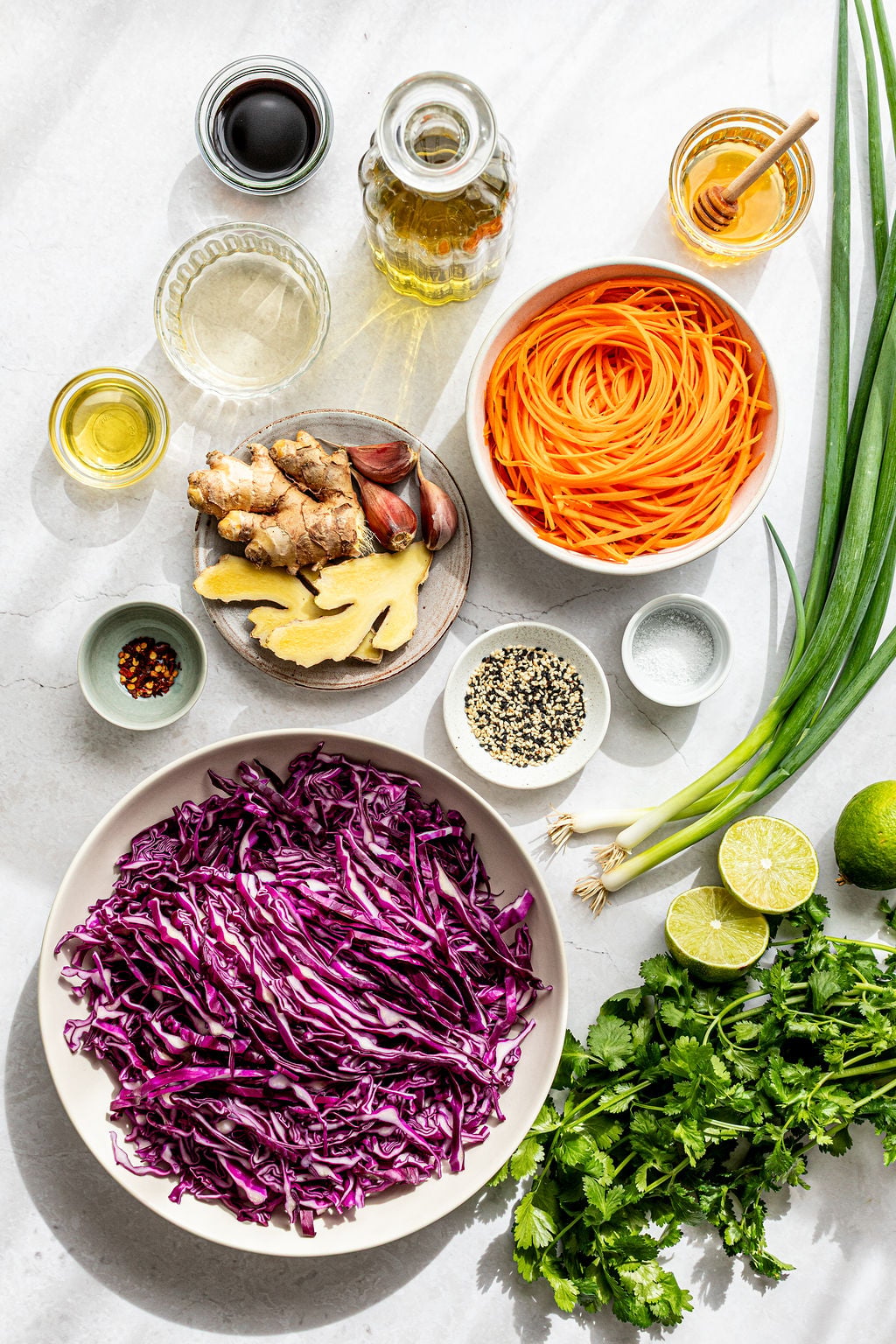 Ingredients for an Asian-inspired salad, including shredded red cabbage, julienned carrots, ginger, garlic, green onions, lime, cilantro, and various dressings arranged on a white surface.