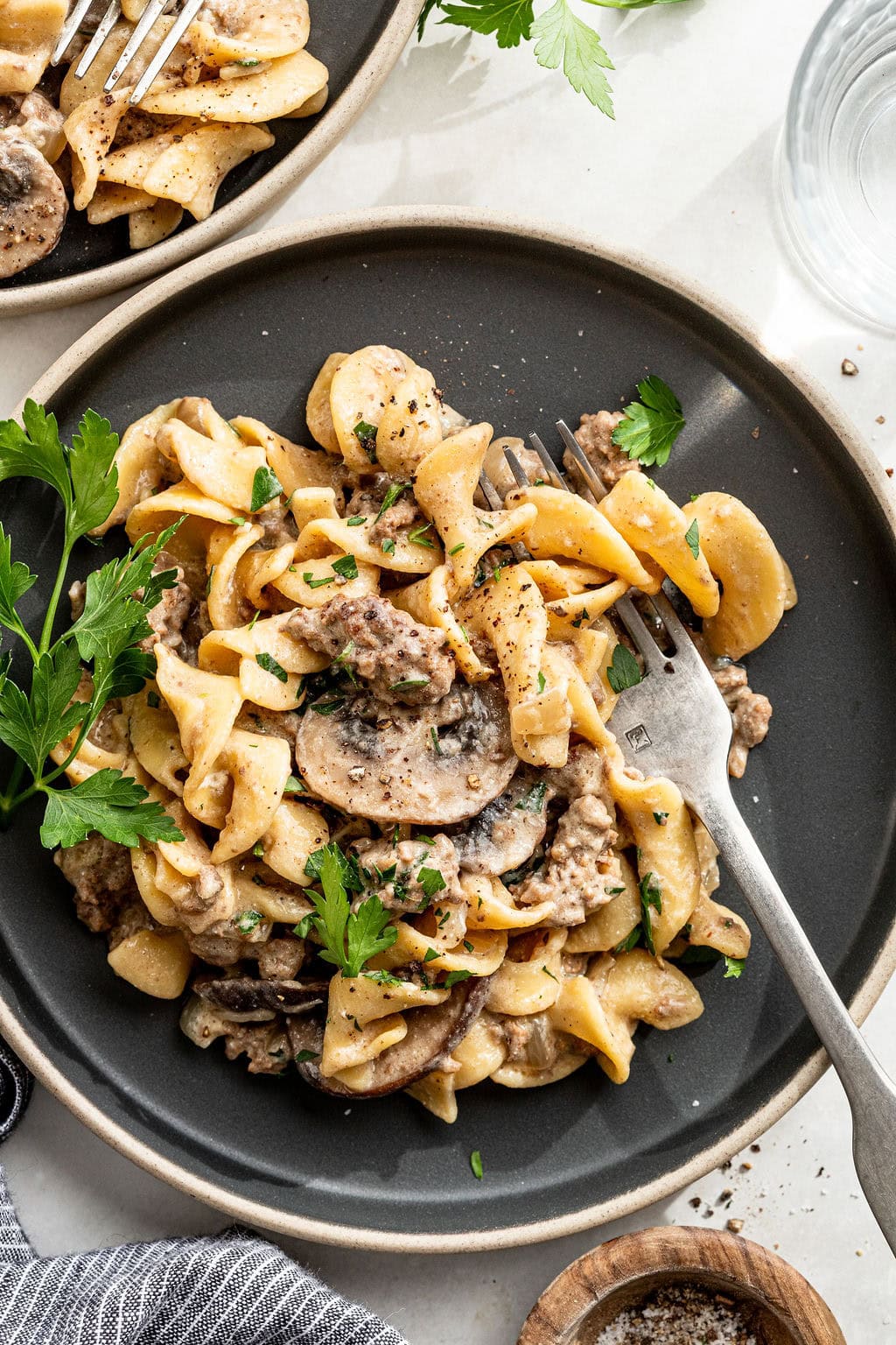 A plate of creamy beef stroganoff with egg noodles, mushrooms, and fresh parsley, served with a fork on a dark ceramic plate.