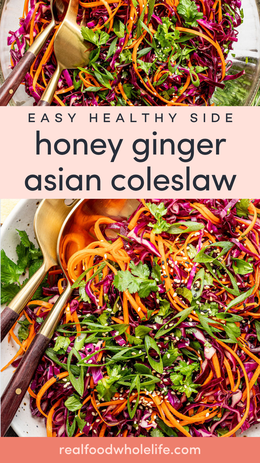 A bowl of colorful Asian coleslaw with shredded red cabbage, carrots, herbs, and green onions, served with wooden salad utensils.