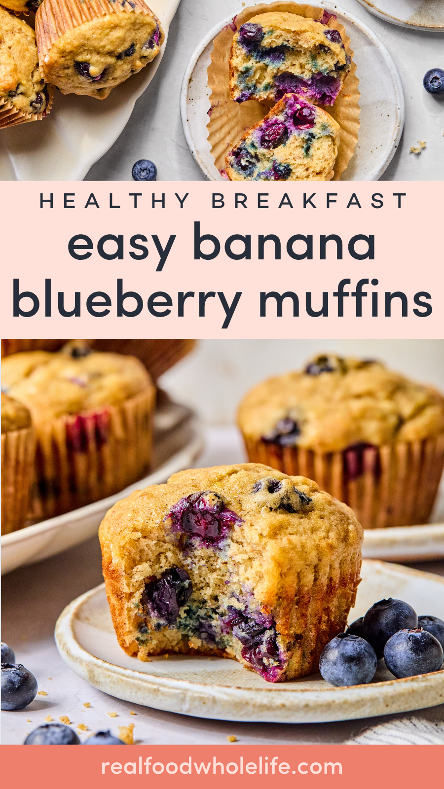 Banana blueberry muffins on plates with fresh blueberries, one muffin partially eaten.