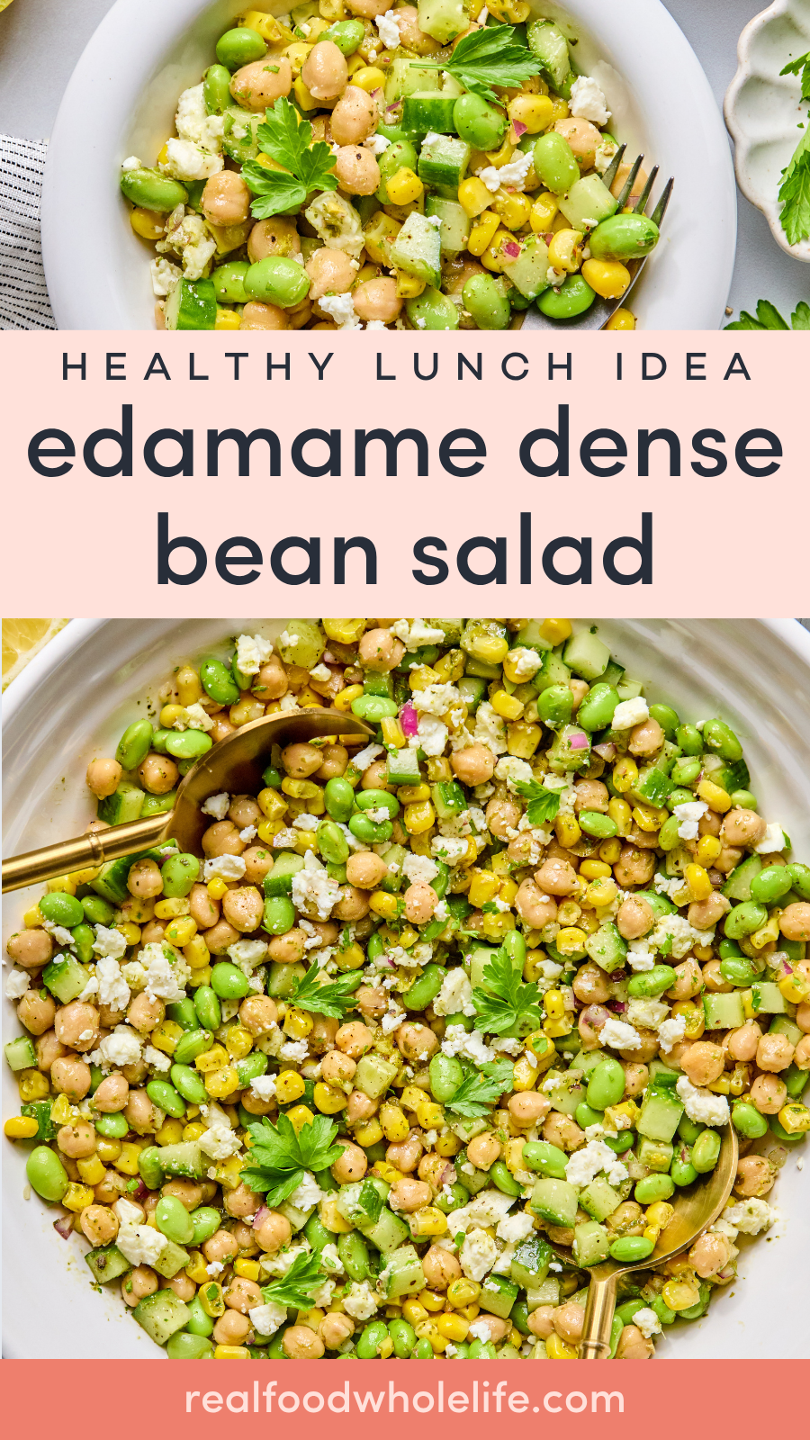 A bowl of edamame bean salad with chickpeas, corn, and herbs, garnished with parsley and served with two gold forks.