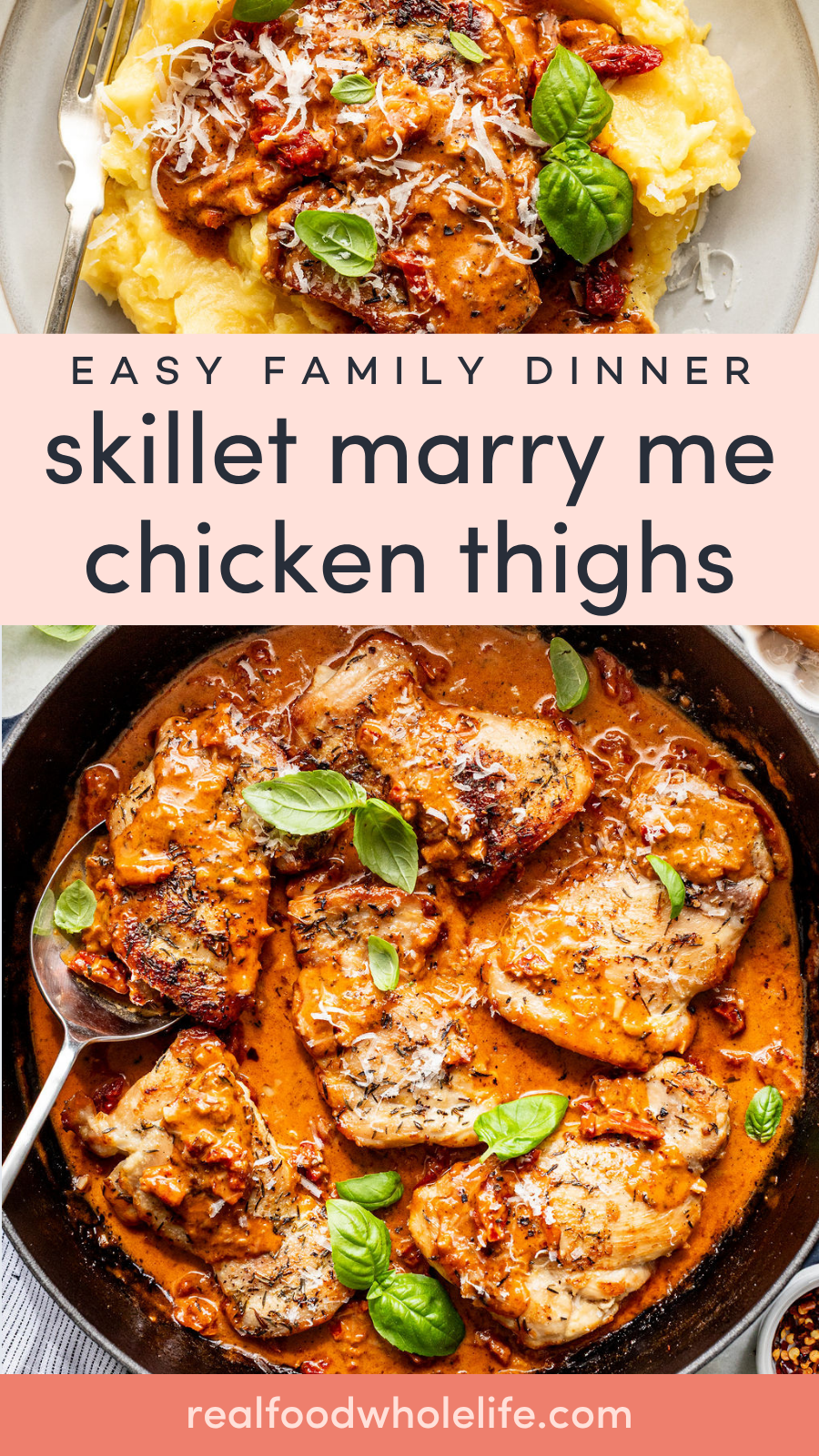 A skillet with cooked chicken thighs in a creamy tomato sauce, garnished with basil, served with mashed potatoes on a plate.