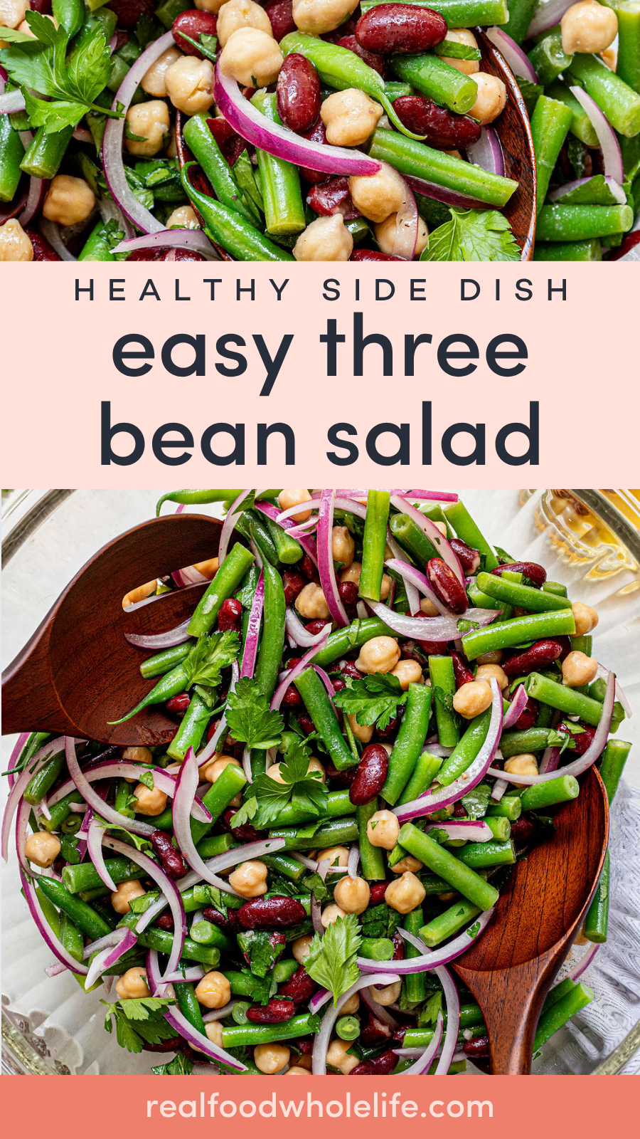 A bowl of three bean salad with green beans, kidney beans, chickpeas, red onion slices, and parsley, served with wooden utensils.