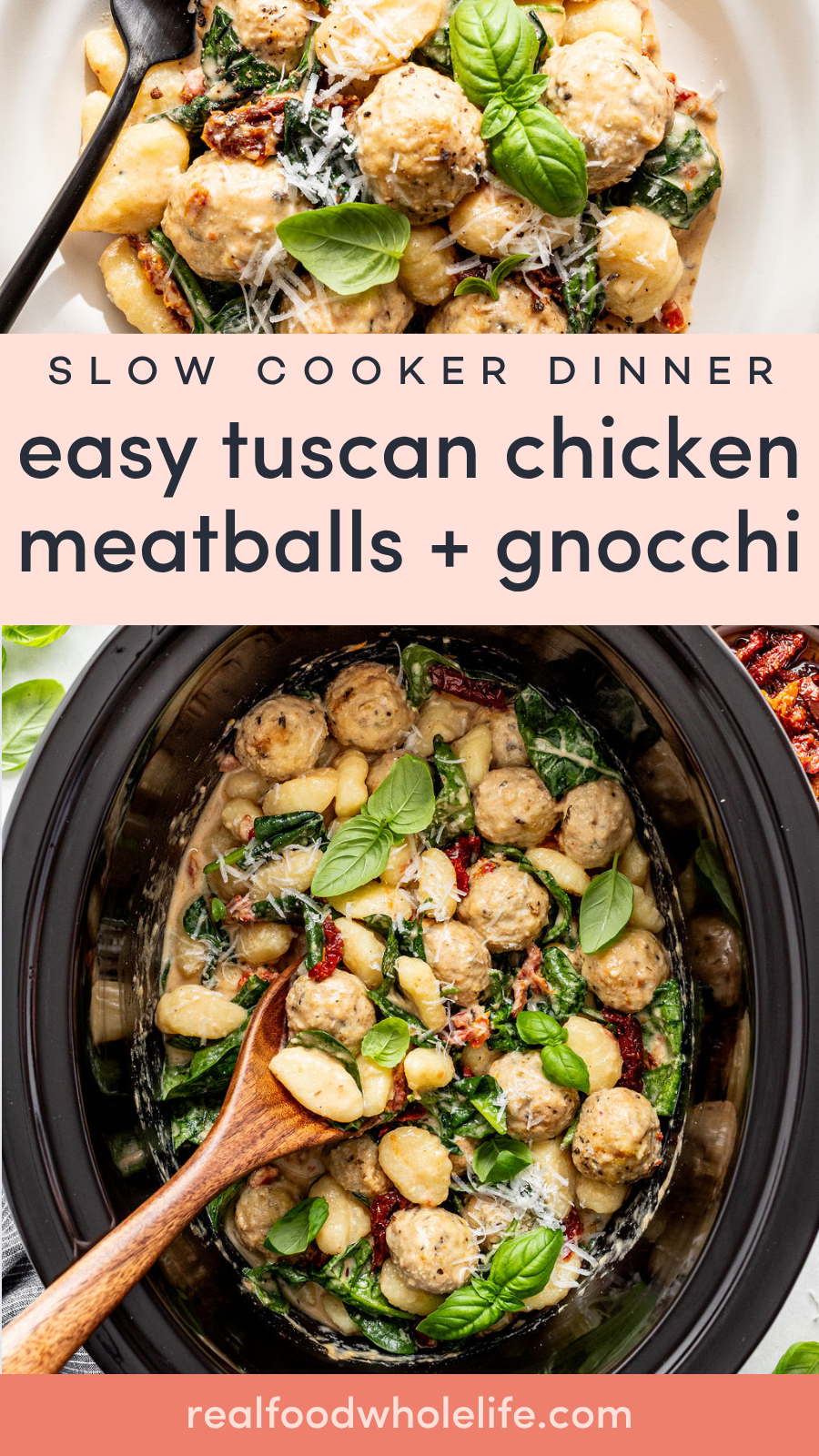A slow cooker filled with chicken meatballs, gnocchi, spinach, sun-dried tomatoes, and fresh basil, topped with grated cheese.