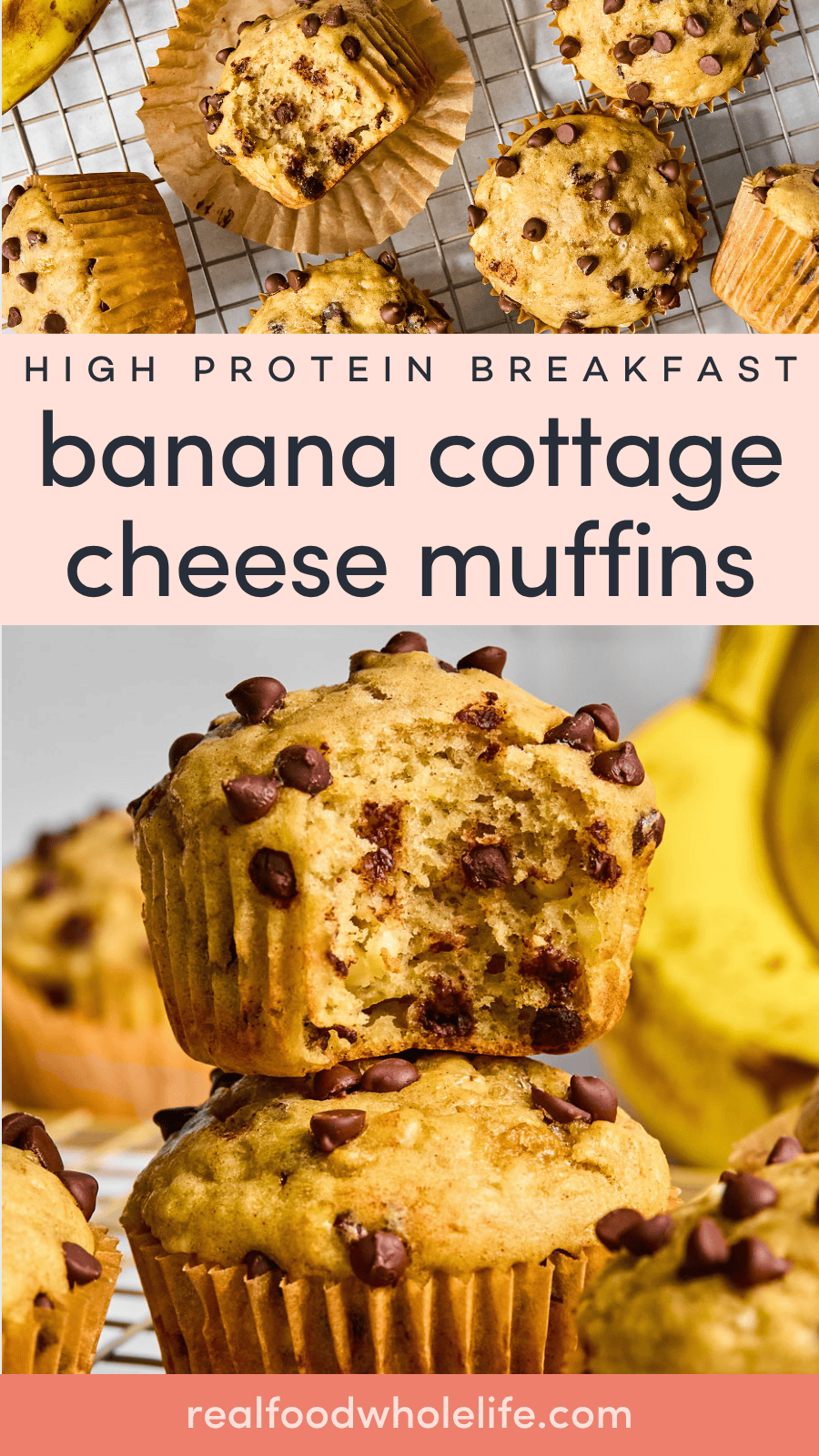 Banana chocolate chip muffins stacked on a plate with bananas in the background, labeled as high protein breakfast banana cottage cheese muffins.