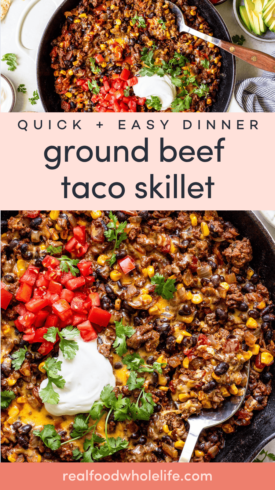 Skillet with ground beef, black beans, corn, tomatoes, and melted cheese, topped with sour cream and cilantro, served with a spoon.
