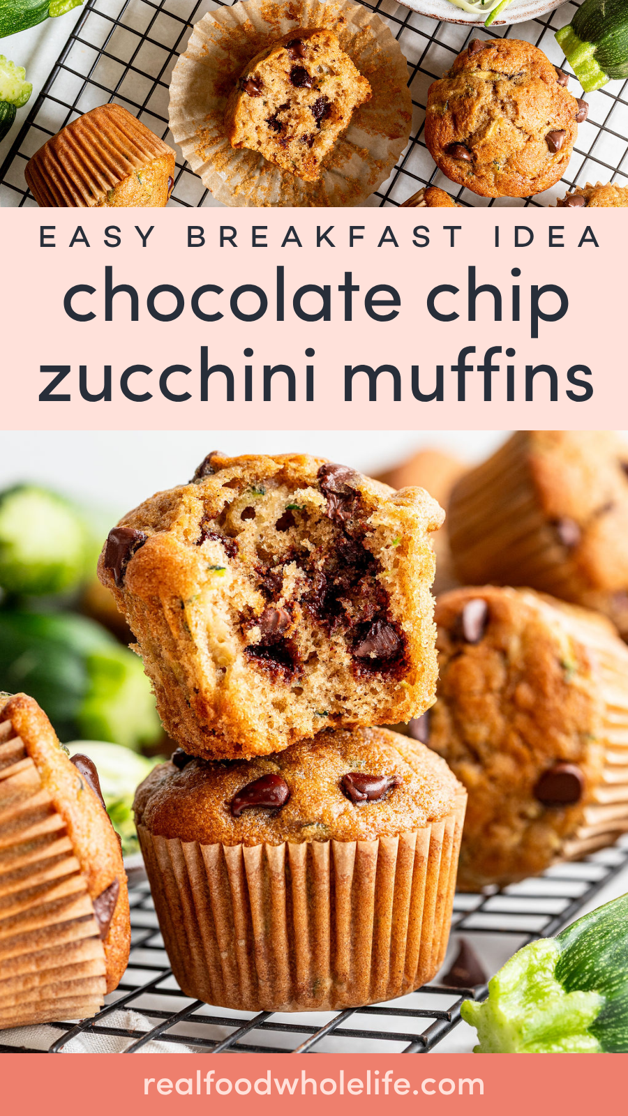 Chocolate chip zucchini muffins stacked and arranged on a cooling rack, with fresh zucchini in the background and a muffin cut open to show the chocolate chips inside.